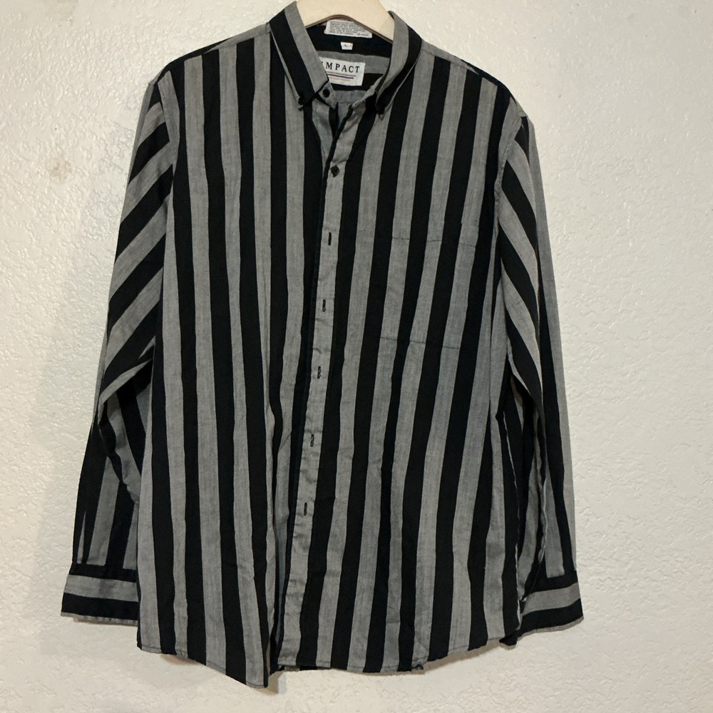 Impact Mens Button Up Dress Casual Shirt Black Gray Striped L Cotton Blend 90s